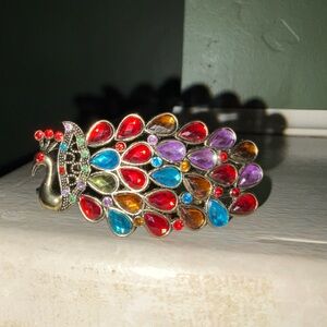Peacock Shiny Stone Hinged Cuff Bracelet Multicolor Statement